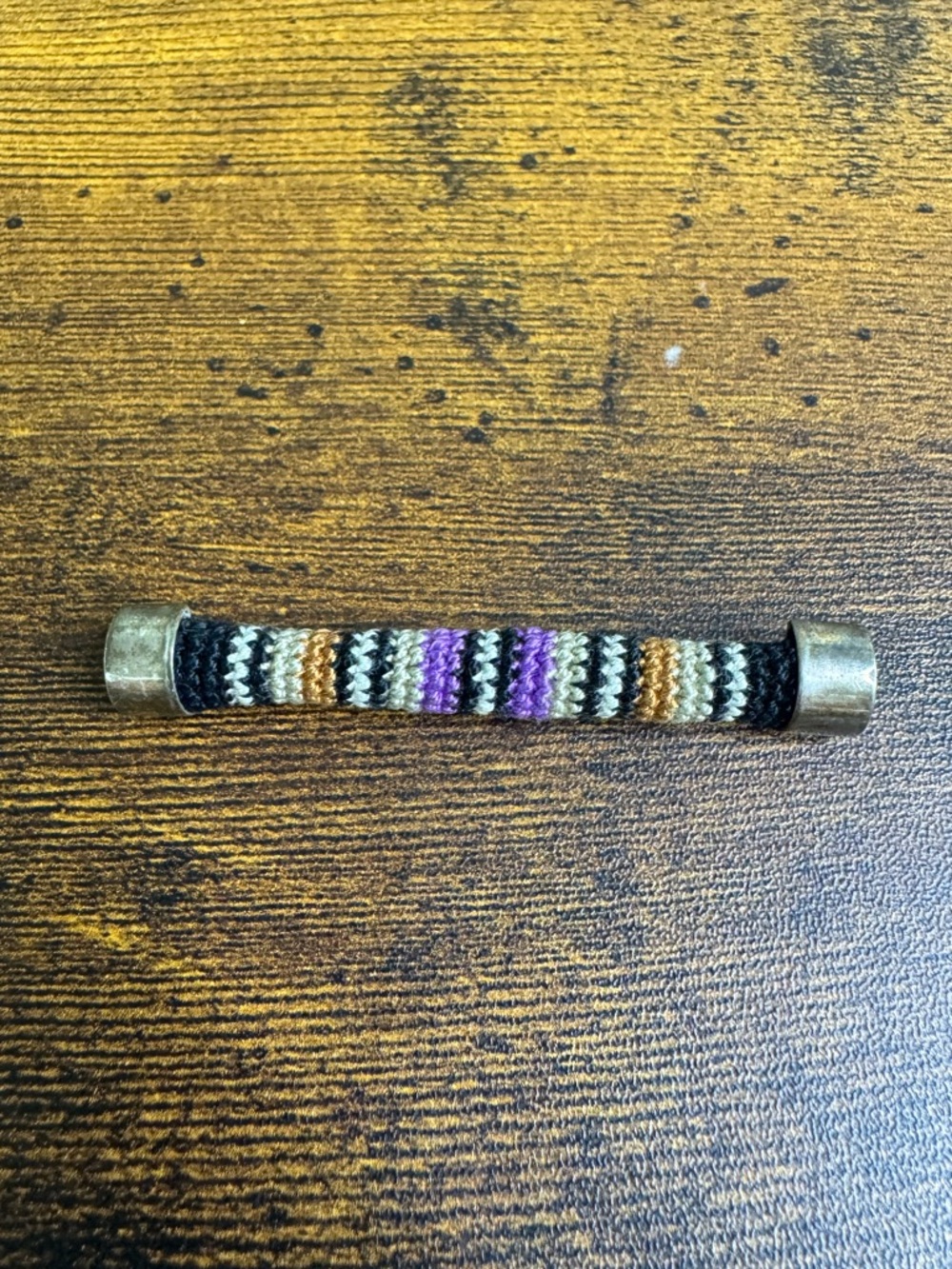 Hand Crafted Woven Brooch with Sterling Silver Caps - Black, Purple & Gold